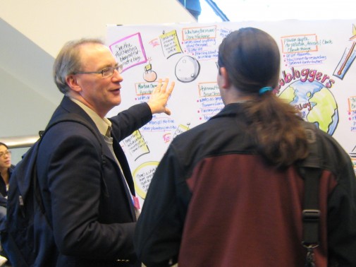 Two scientists at AGU's Fall Meeting 2009 discuss my visual map of the Geoblogger's lunch